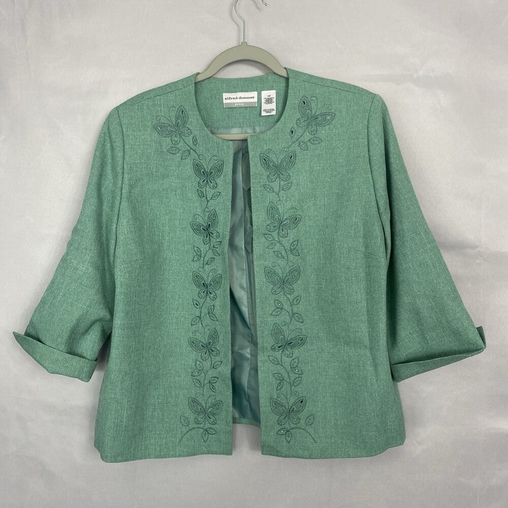Alfred Dunner Blazer Womens 14P Blue Green Embellished 3/4 Sleeve Boxy Jacket